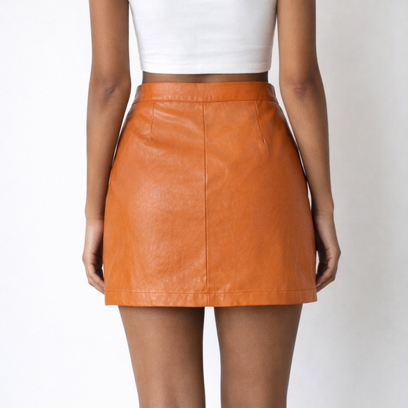 Shinestar Burnt Orange Faux Leather Mini Skirt Zip Pocket Moto M - Picture 2 of 8